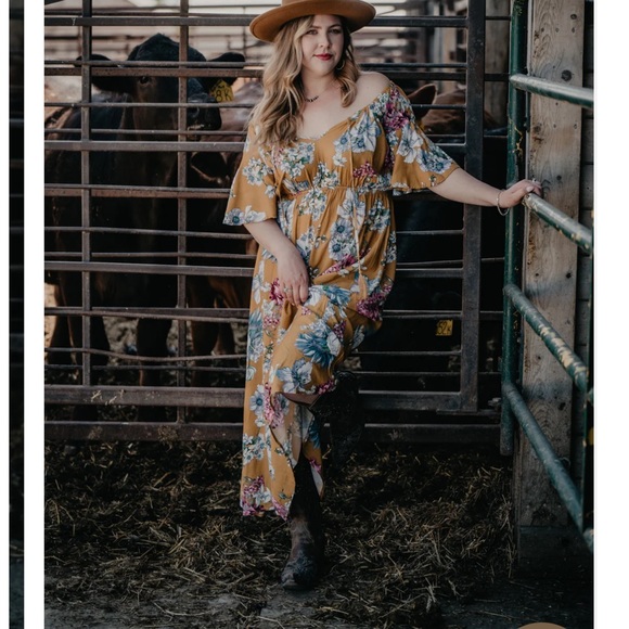 Mustard colour floral print dress - Picture 4 of 5